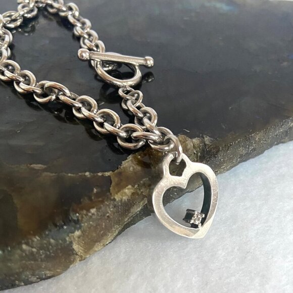 Solid Sterling Silver 925 UD Diamond Chip Heart Charm Cable Chain Bracelet 7.25" - Picture 12 of 16